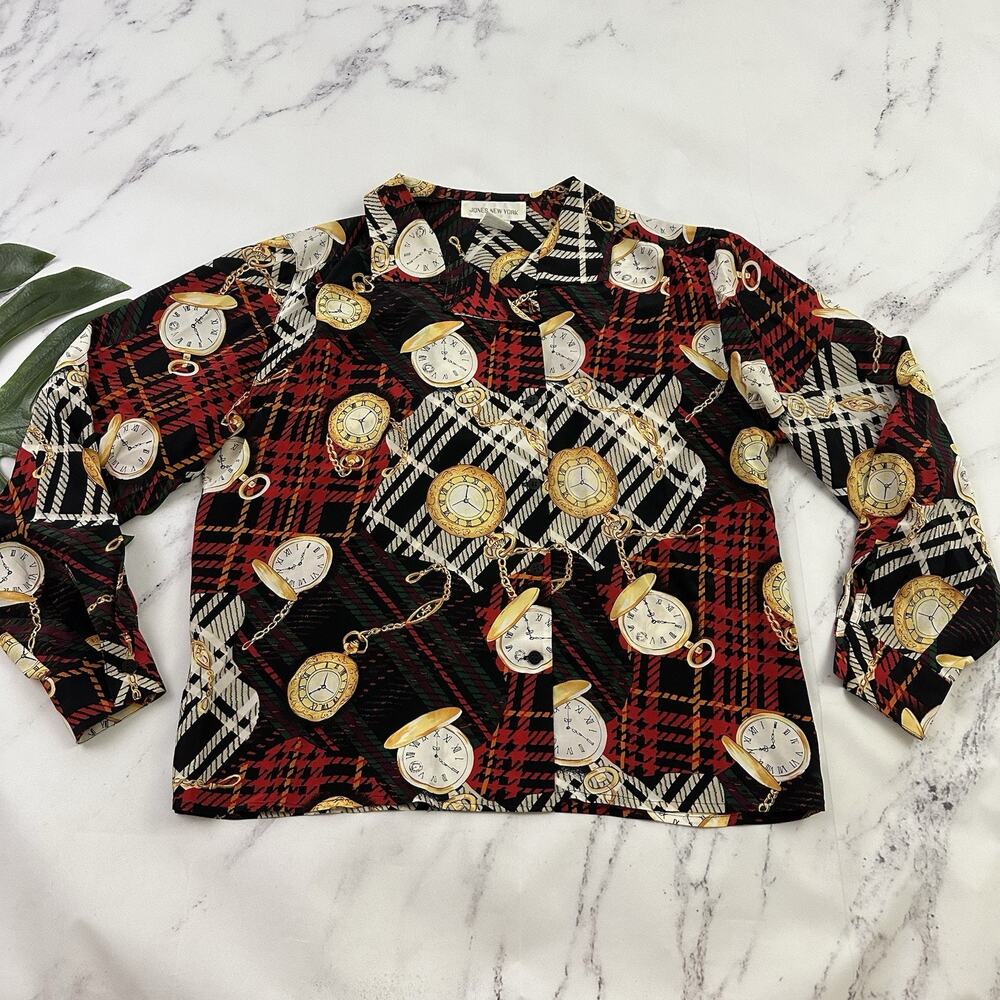 Jones New York Womens Vintage 90s Silk Blouse Top Size L Red Black Watch Plaid